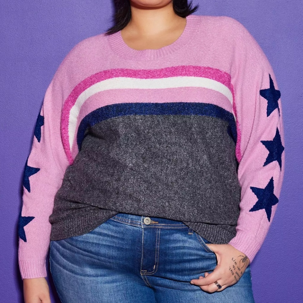 Torrid - Lovesick Boxy Dolman Pink Colorblock Star Stripe Pullover Sweater - 2X